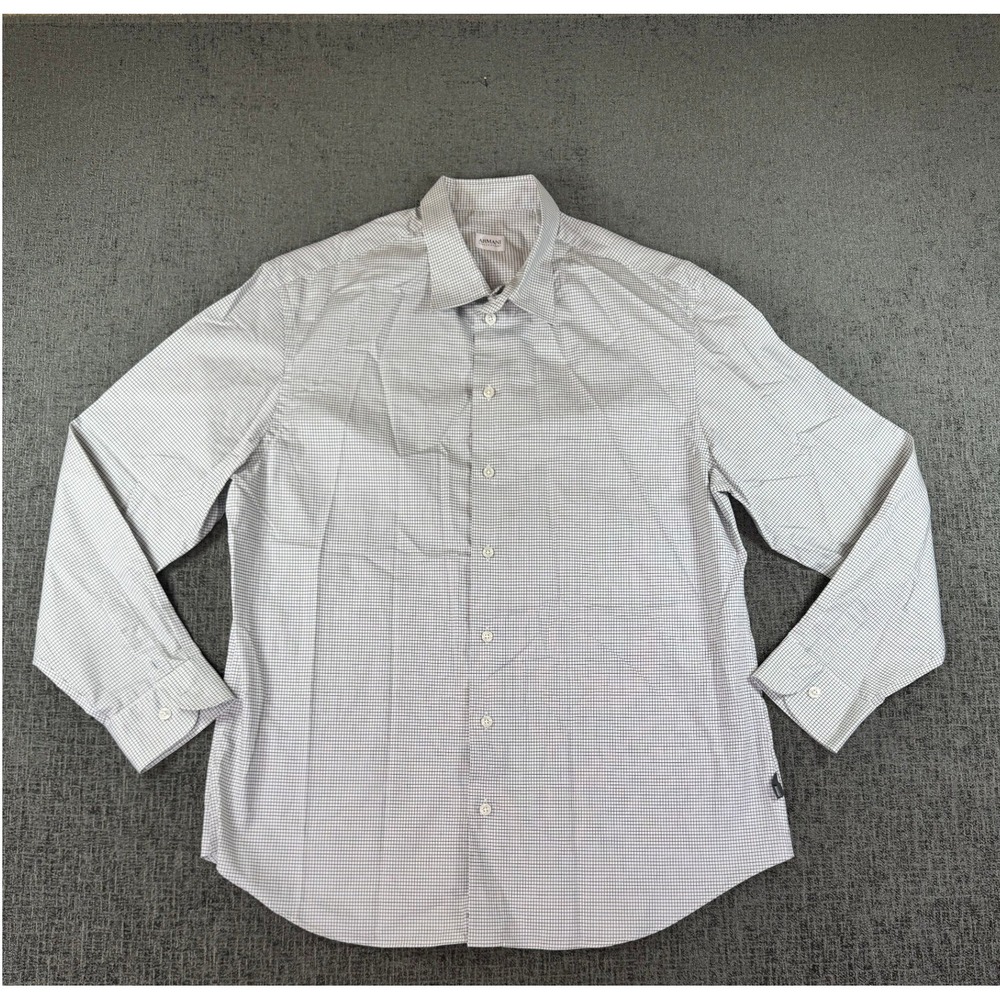 Armani Collezioni Mens XL Button Down Shirt‎ White Black Micro Check Cotton